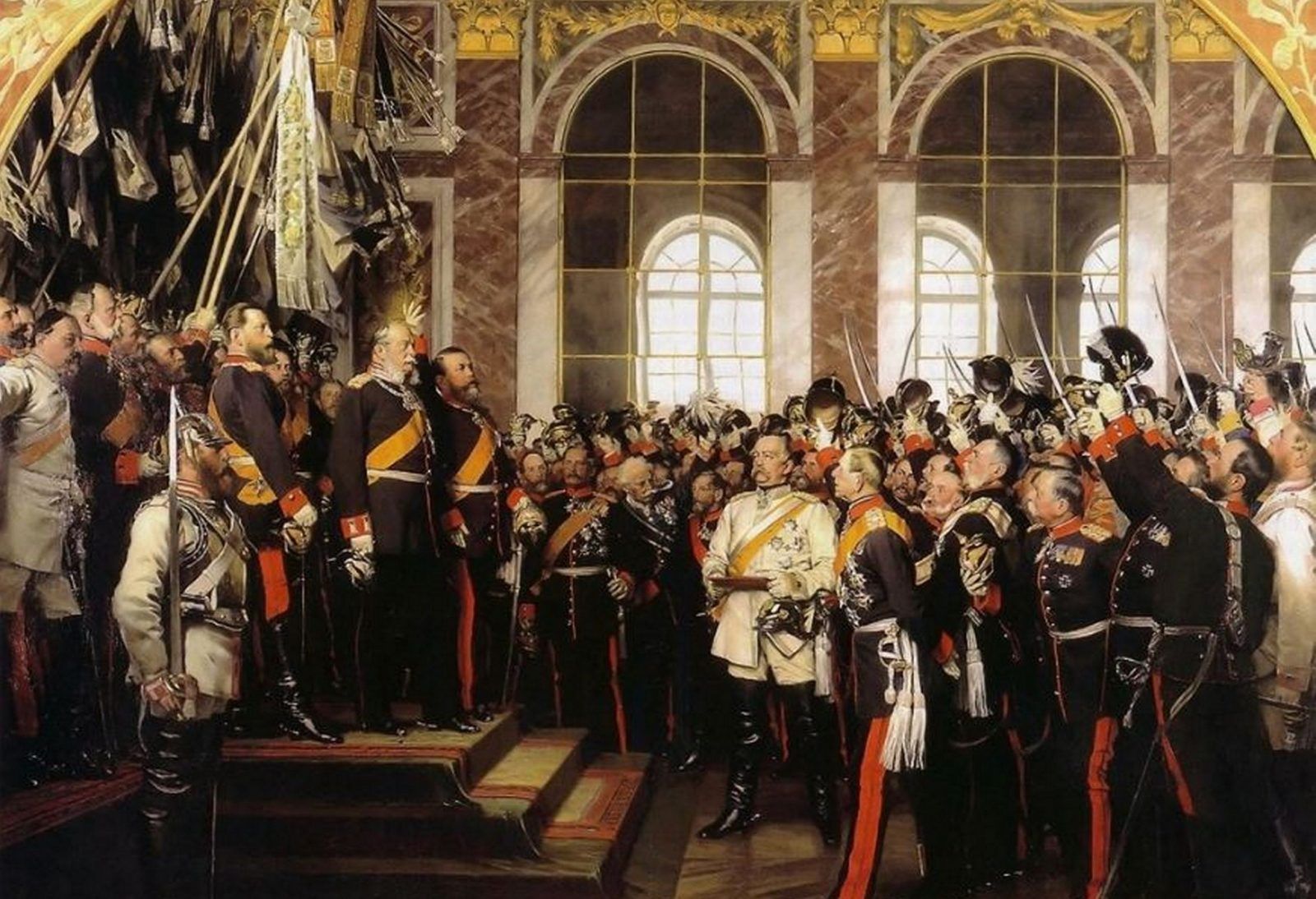 Старая — новая Германия... Кайзер Вильгельм I и Отто фон Бисмарк на картине "Провозглашение Германской империи в Версале, 1871 г." художника Александра фон Вернера, 1885 год.