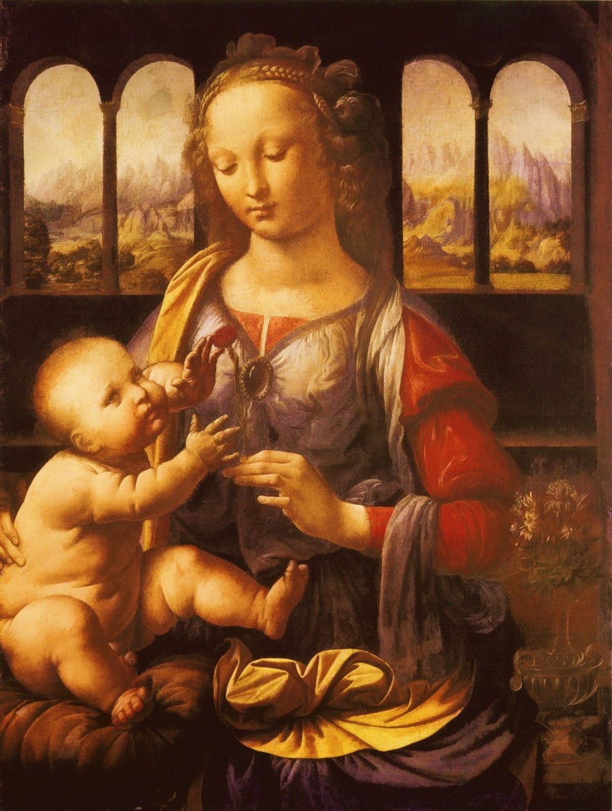 «Мадонна с гвоздикой» — картина, которую многие искусствоведы приписывают молодому Леонардо да Винчи. Предположительно, создана Леонардо в бытность его учеником в мастерской Верроккьо. И действительно, существуют параллели с работами учителя, однако в композиции и стиле уже чувствуется рука гения...
