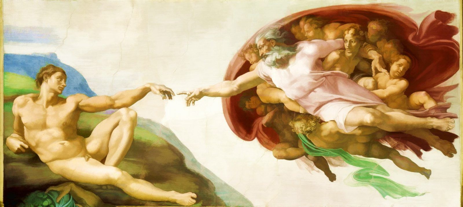 Микеланджело Буонарроти: «Сотворение Адама» (La creazione di Adamo) — фреска Микеланджело, написанная около 1511 года. Фреска является четвёртой из девяти центральных композиций потолка Сикстинской капеллы, посвящённых девяти сюжетам книги Бытия. Фреска иллюстрирует эпизод: «И сотворил Бог человека по образу Своему, по образу Божию сотворил его…» (Бытие,1:27). «Сотворение Адама» — одна из самых выдающихся композиций росписи Сикстинской капеллы. В бесконечном пространстве летит Бог-Отец, окружённый бескрылыми ангелами, с реющей белой туникой. Правая рука вытянута навстречу руке Адама и почти касается её. Лежащее на зелёной скале тело Адама постепенно приходит в движение, пробуждается к жизни. Вся композиция сконцентрирована на жесте двух рук. Рука Бога даёт импульс, а рука Адама принимает его, давая всему телу жизненную энергию. Тем, что их руки не соприкасаются, Микеланджело подчеркнул невозможность соединения божественного и человеческого. В образе Бога, по замыслу художника, преобладает не чудесное начало, а гигантская творческая энергия. В образе Адама Микеланджело воспевает силу и красоту человеческого тела. Фактически, перед нами предстаёт не само сотворение человека, а момент, в который тот получает душу, страстное искание божественного, жажду познания. Сикстинская капелла (Cappella Sistina) — бывшая домовая церковь в Ватикане. Построена в 1473-1481 годах архитектором Джордже де Дольчи, по заказу папы римского Сикста IV, откуда и произошло название...
