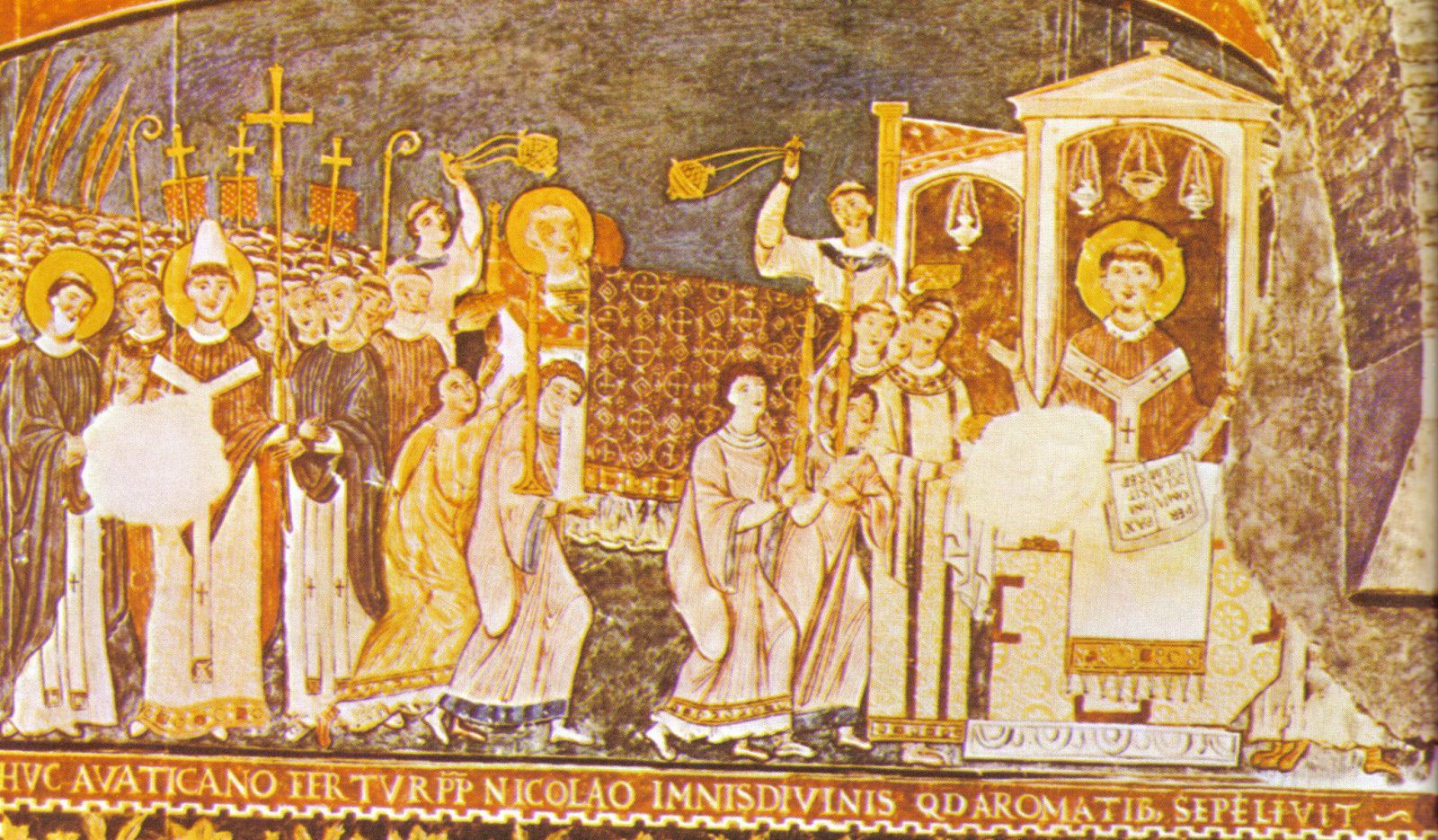 Святые Константин и Мефодий вносят мощи св. Климента в Рим. Фреска XI века из Базилики Св. Климента.